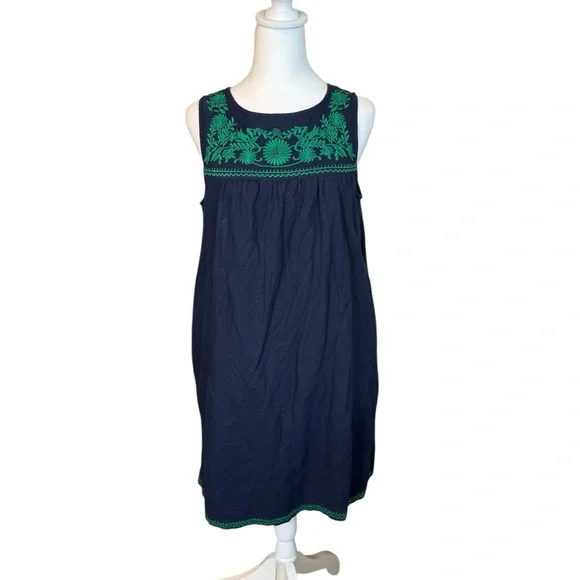 J Crew Factory Shift Dress Med Navy Blue Green Embroidered Linen‎ Blend Pockets - Picture 3 of 12